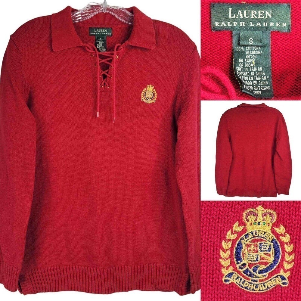 Ralph Lauren Sweater Pullover Womens S Red LS Chunky Knit Crest Vintage